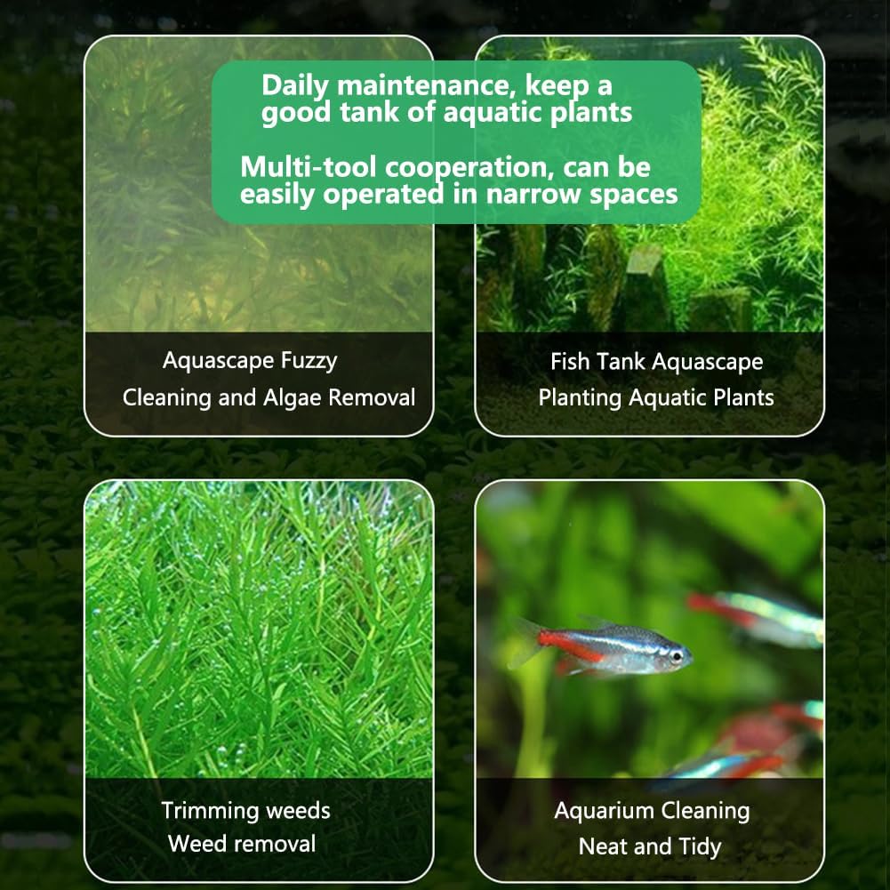 7-in-1 Aquascaping Tools Kit for Aquarium & Terrarium - Stainless Steel Long Tweezers, Curved Scissors, Algae Scraper, Feeding Tongs - Live Plant Trimming & Tank Cleaning Accessories
