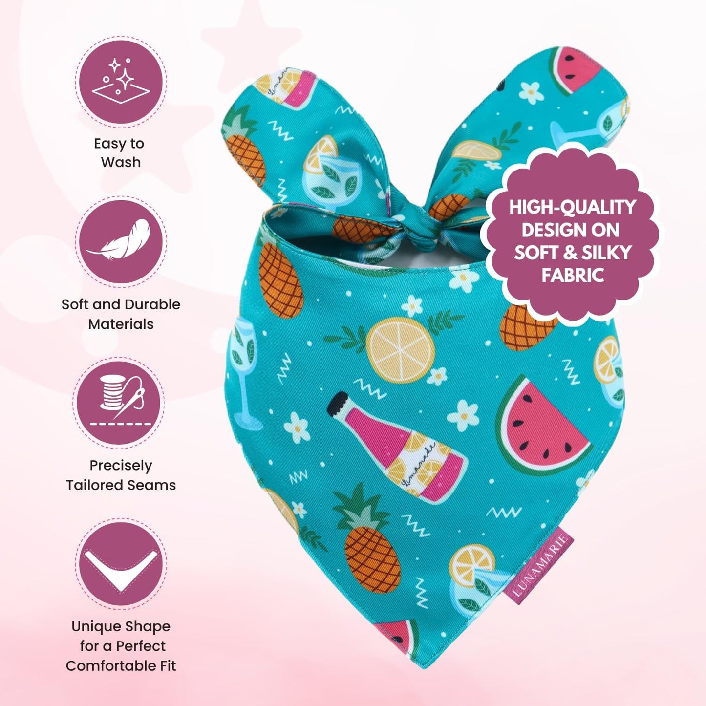 LunaMarie - Luxury Pet Birthday Bandanas -Premium & Silky Poly Fabric | 100% Handmade | Custom Shape Dual Layered (Sippin' Poolside, Small)