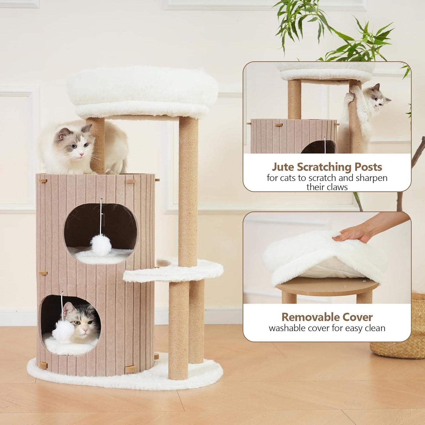 Cat Tree Tower with 2-Storey Large Felt Cat Bed Cave, Cozy Cats Tunnel Condo with Washable Cushions, 36.6"