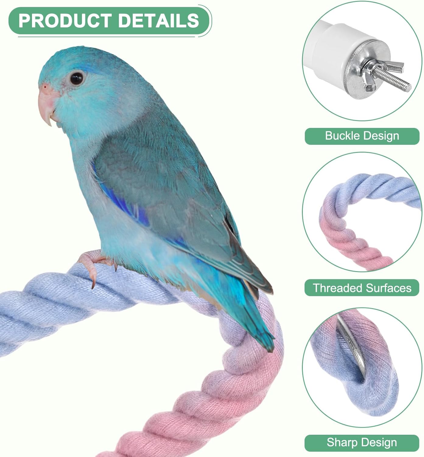 2-Pack Rope Perches for Bird Cages, 13.8 in Length Comfort Grip Flexible Rope Perch Beak & Paw Grinding for Parrots/Cockatiels/Parakeets, Bird Platform Sand [Pink Blue]