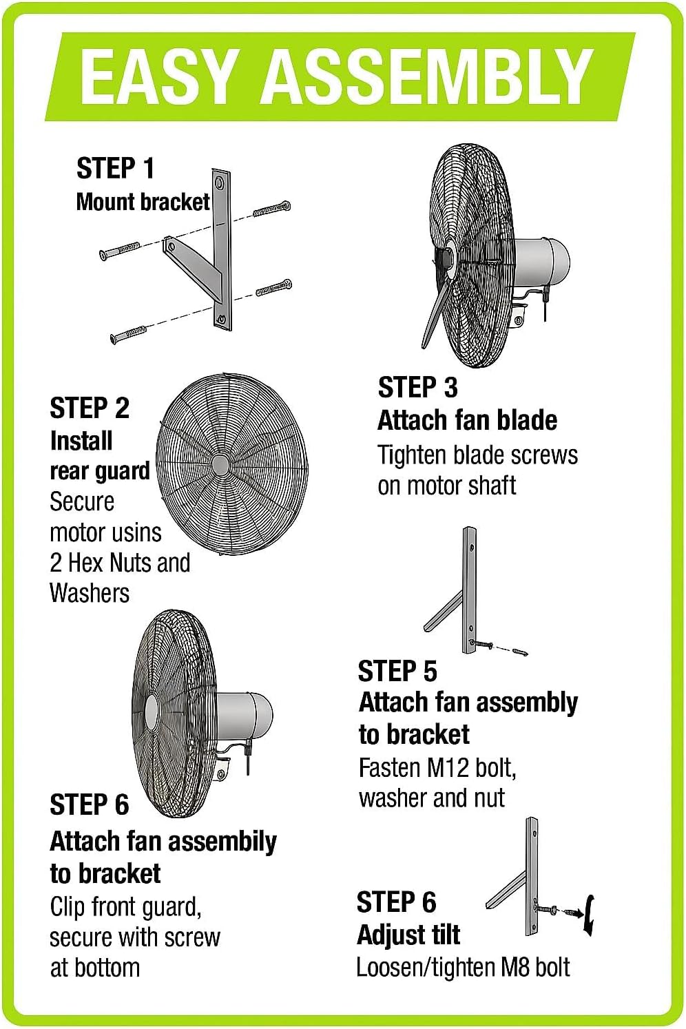 OEMTOOLS 24" Outdoor Wall Mount Fan, 80° Oscillating Fan 6800 CFM Max, Water Resistant, Use in Garage, Gym, Warehouse, Factory and Jobsite