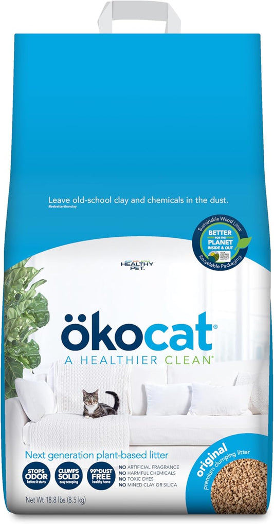 ökocat Original Wood Clumping Cat Litter, Unscented, 18.8 pounds - Natural Ingredients, Stops Odor, Clumps Solid, 99% Dust Free, Great for All Cats