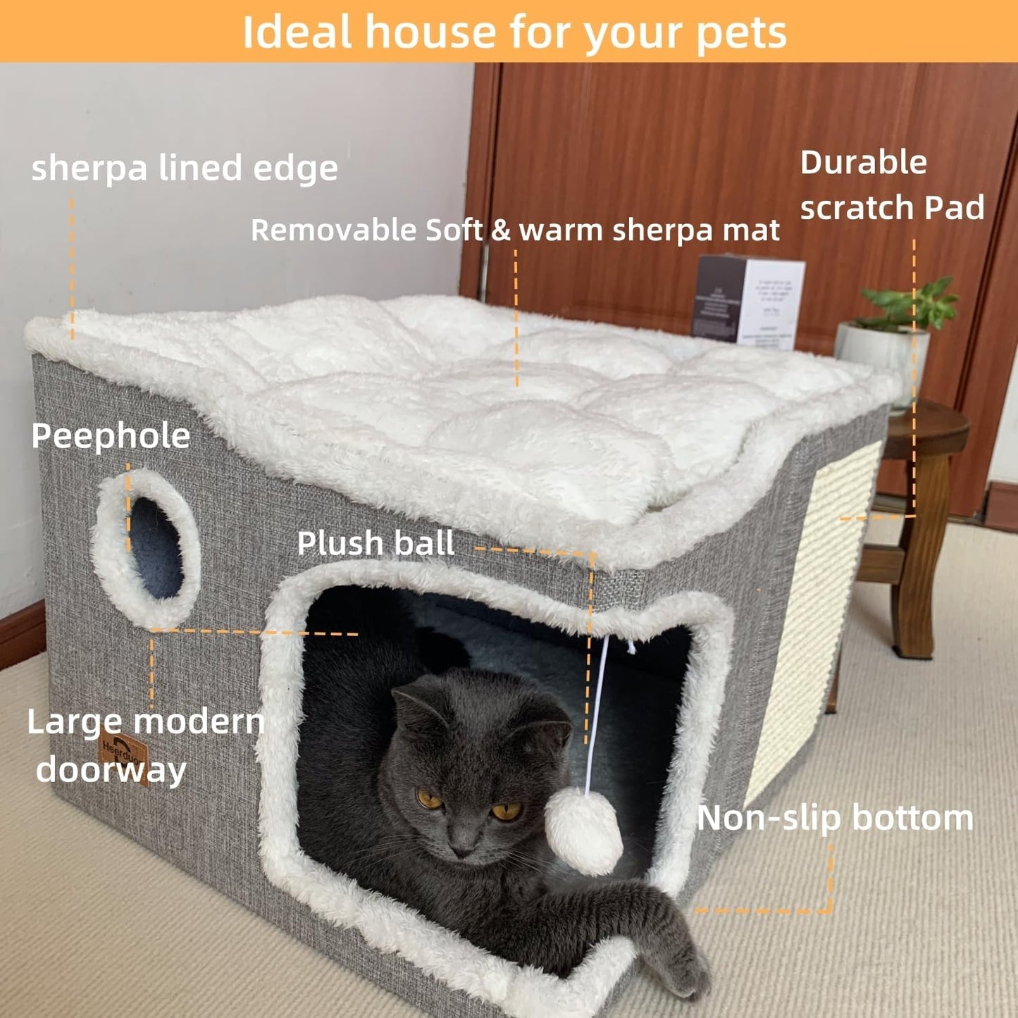 Cat Bed for Indoor Cats,Covered Cat Cave House & Furniture with Scratch Pad,Foldable Cat Hideaway Hut Cute Cat Condo with Soft Washable Mat for Multi Small Pet Under 30 lbs,Khaki