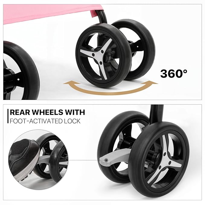 MoNiBloom 4 Wheels Pet Stroller, Easy-Fold Puppy Cage Jogger Stroller with Sun Cover, Pad and Rear Storage Bag, Breathable and Visible Mesh for Small/Medium Pets up to 22 lbs, Pink