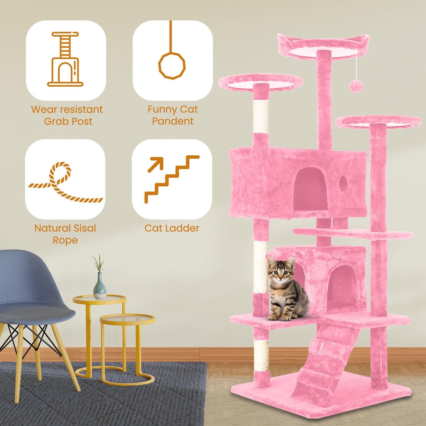 54.7 inches Cat Tower for Indoor Cats, Multi-Level Cat Condos with Scratching Posts, Hanging Toys, Pink