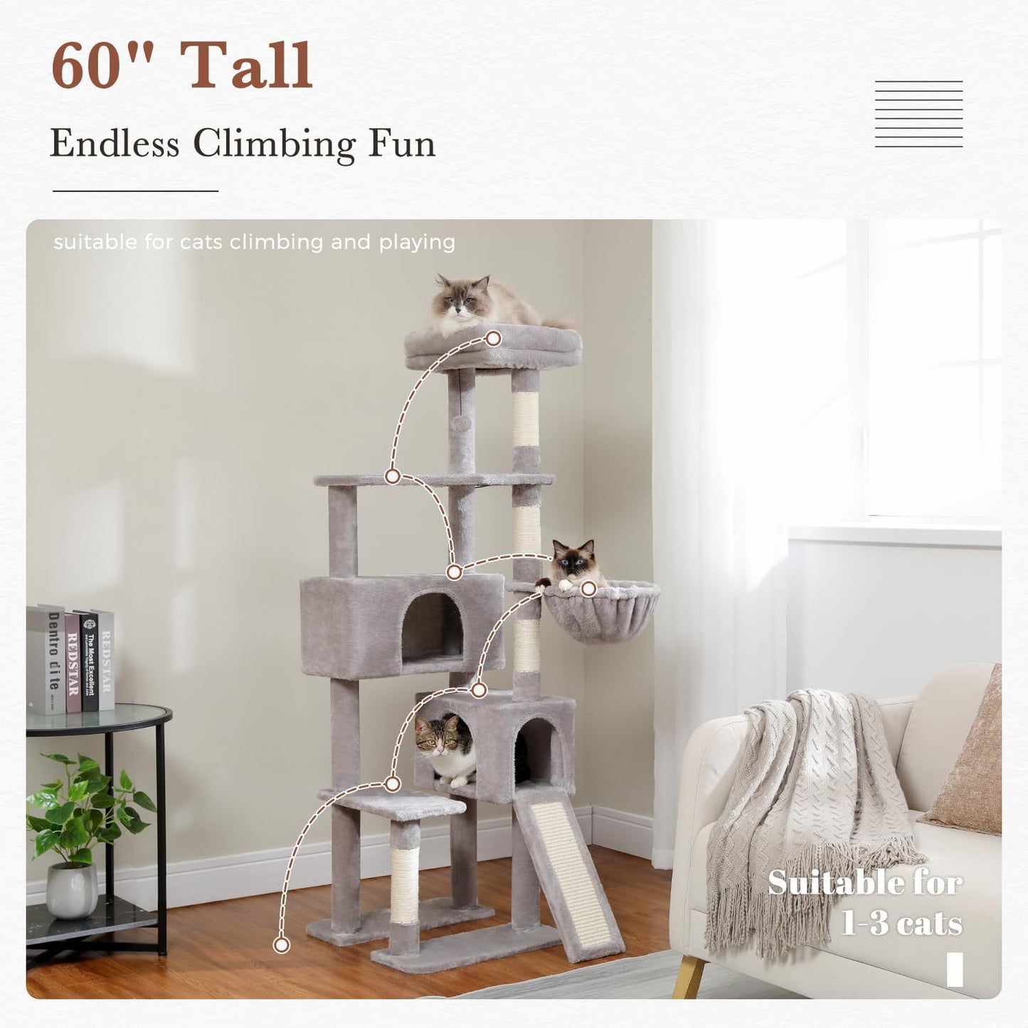 PAWZ Road Cat Tree, 60 Inches Cat Tower with Dual Condos, Spacious Perch, Cozy Basket and Sisal-Covered Scratching Posts for Indoor Cats- Gray