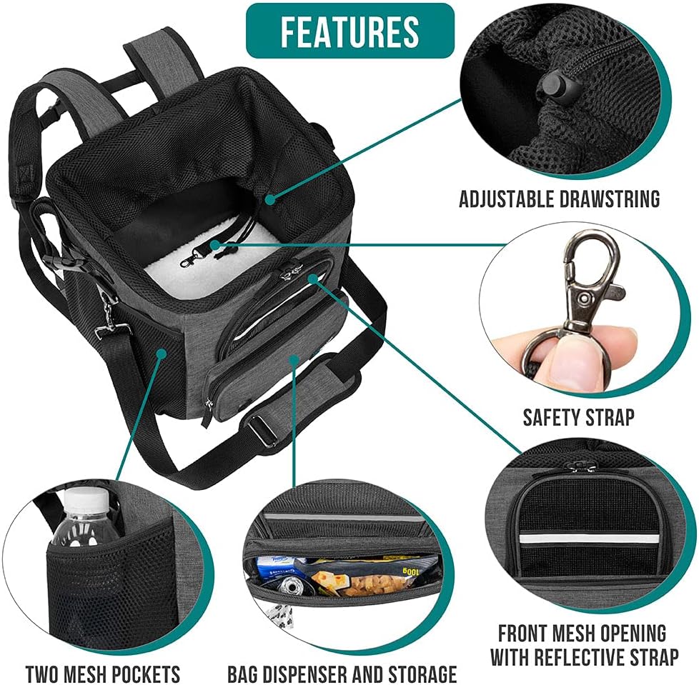 PetAmi Dog Bike Basket, Soft-Sided Ventilated Dog Bike Carrier Backpack, Pet Bicycle Basket for Bike Handlebar, Small Medium Puppy Cat Kitten Car Booster Seat with Safety Strap, Max 18 lbs, Dark Gray