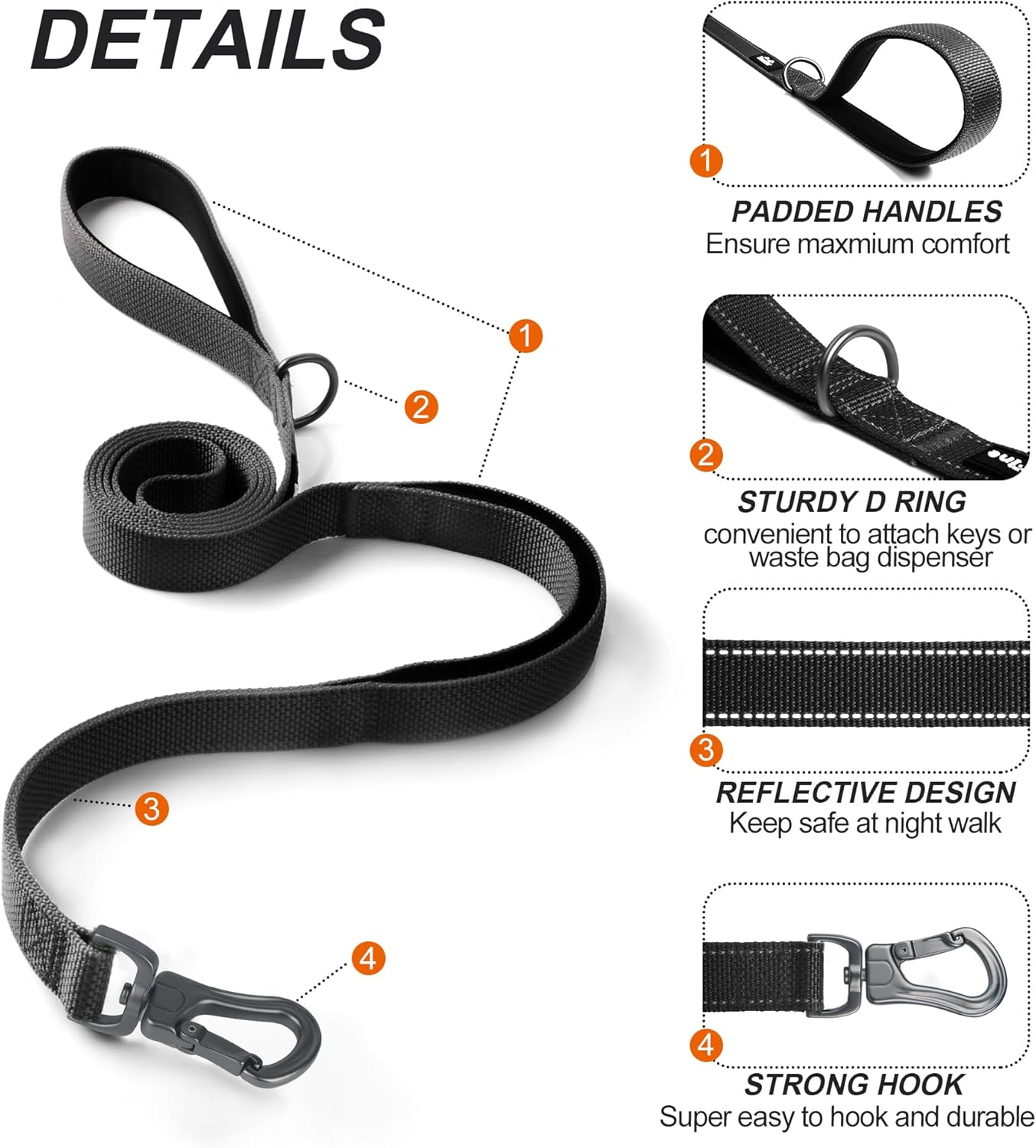 TwoEar 4FT 1IN Strong Black Dog Leash with 2 Padded Handles, Traffic Handle Extra Control, Comfortable Soft Dual Handle, Auto Lock Hook, Reflective Walking Lead for Small Medium and Large Dogs