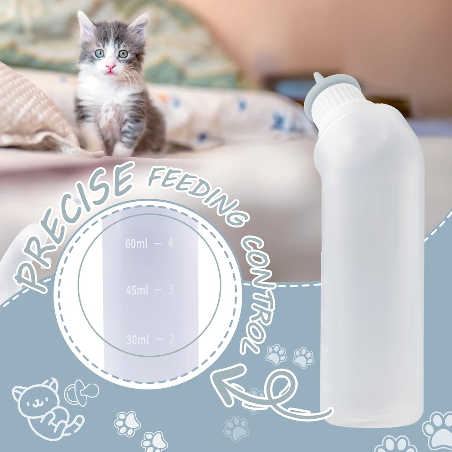 5Pack Kitten Bottle for Nursing Puppy Milk Kitten Bottles Feeding Kit Silicone Nipple for Newborn Pets Kittens, Puppy,Squirrel (Grey)