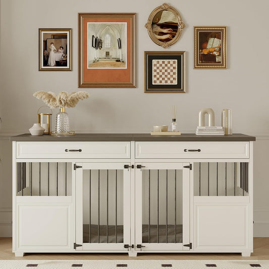 Dog Crate Furniture - Indoor Wood Dog Kennel Furniture 4 Doors with Divider and 2 Drawers - 72" L x 23.6" W x 34.8" H, White