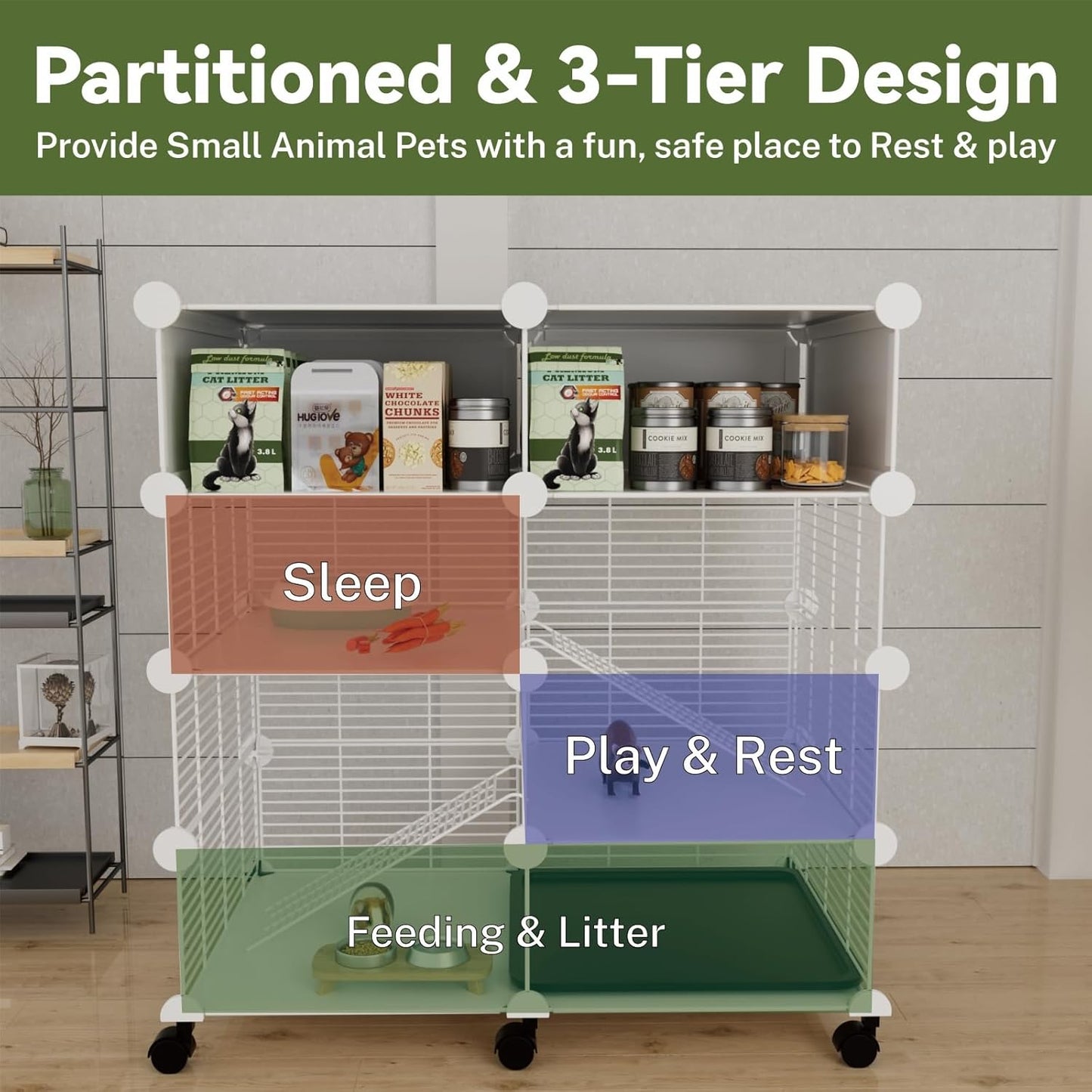 C&C Guinea Pig Cages Indoor on Wheels, 3 Tier Ferret Cage Small Animal Hideout House with Drawer & Removable Tray, Pet Playpen Fence for 1-3 Hamster Rat Chinchilla Hedgehog