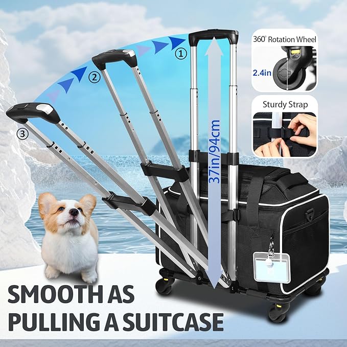 Petskd Top-Expandable Pet Carrier with Wheels 17x12x8.5 Inches JetBlue Allegiant Spirit Airline Approved, Soft-Sided Carrier for Small Cat Dog with Locking Safety Zippers and Anti-Scratch Mesh(Black)