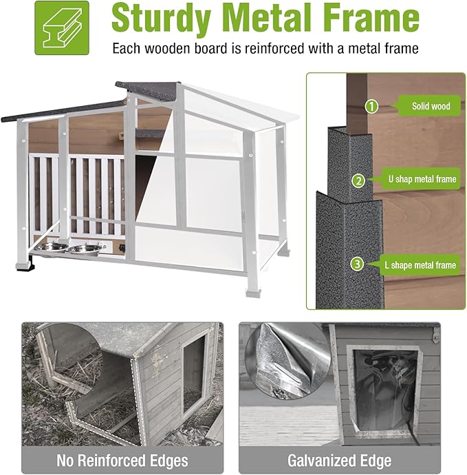GUTINNEEN Dog House Outdoor Dog Kennel with Chew-Proof Metal Frame, Rotating Food Bowl, PVC Door Curtain, Weatherproof for Small Medium Dogs, 39.7" L x 25.5" D x 32.2" H (Light Brown)