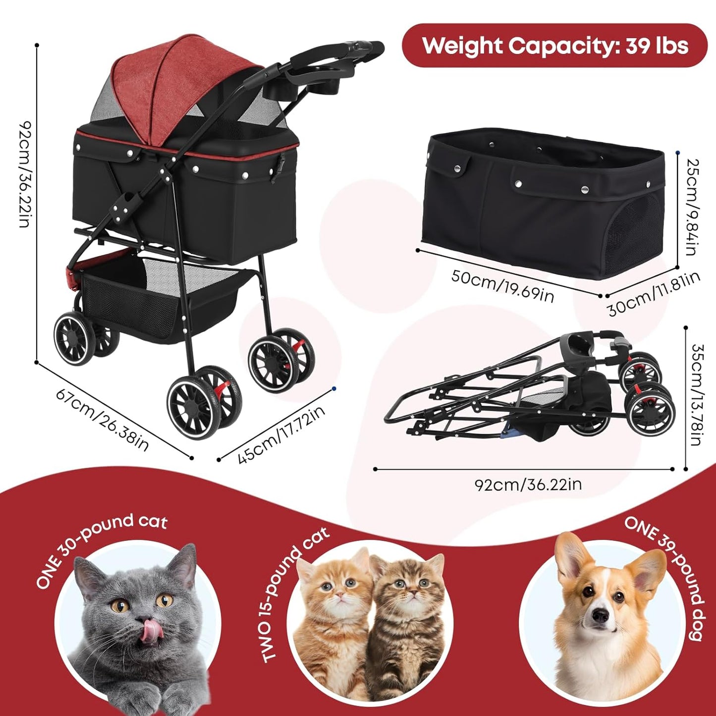 Pet Stroller,Dog Stroller for Small Medium Dogs Cats,3 Wheels,Foldable,with Breathable Mesh Canopy,Cup Holders,Easy Assembly,Red+Black