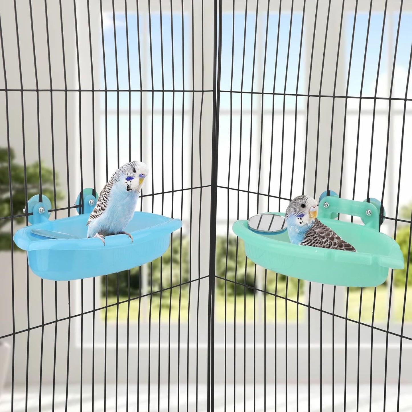 Wontee Bird Bath Box with Mirror Portable Parrot Hanging Bathroom Bathing Tub for Small Birds Cleaning Supplies (Blue(A)+Green)
