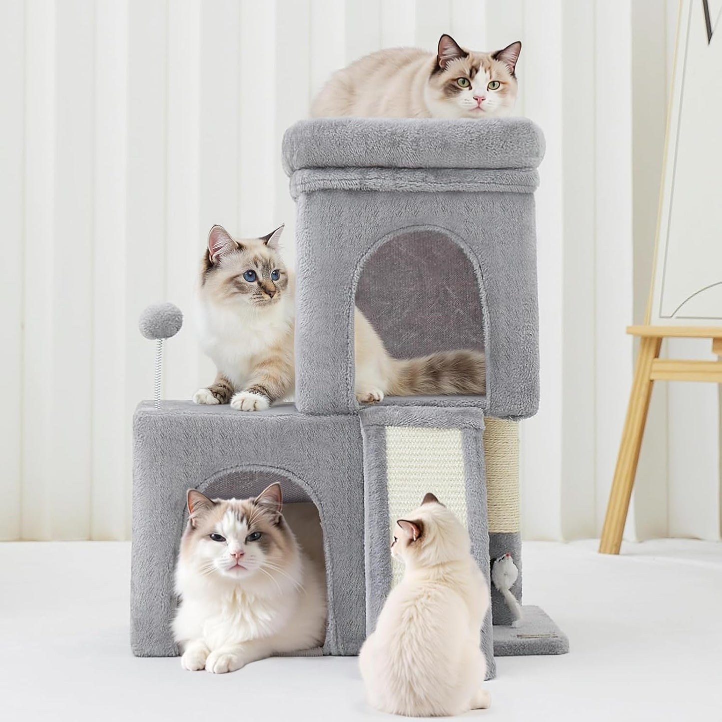 24inch Tall cat Tree with 2 cat condo and Mouse Toy Cozy Small cat Tower with Scratching Post and Board for Kitties and Small Cats.（Light Grey）
