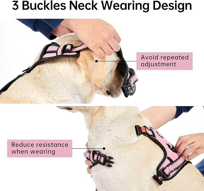 IVY&LANE No Pull Dog Harness for Large Dogs, Dog Vest Harness with Leash, Safety Belt and Storage Strap, Fully Adjustable Harness, 360° Reflective Strip, Soft Handle (Pink, XL)