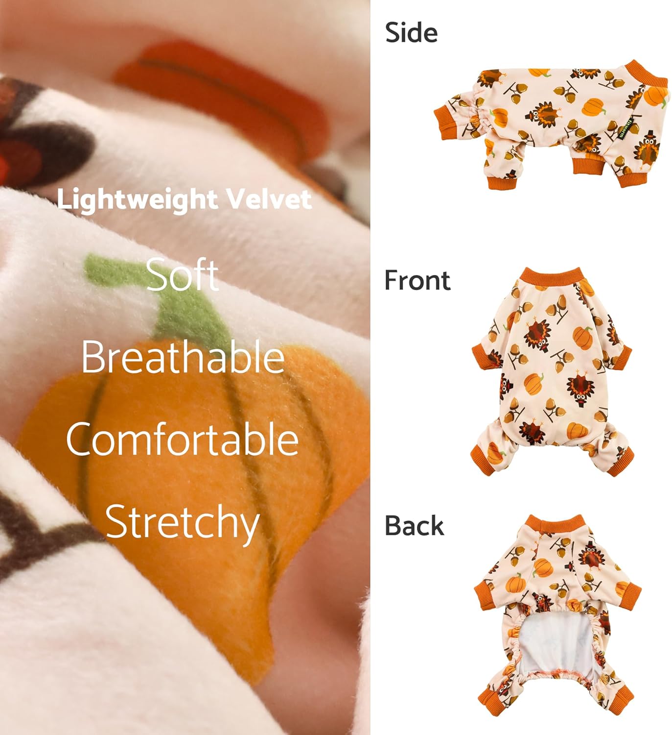 Fitwarm Thanksgiving Turkey Dog Pajamas, Funny Dog Winter Clothes for Small Dogs Girl Boy, Pet Jumpsuit, Cat Onesie with Feet, Lightweight Velvet, Orange, Small
