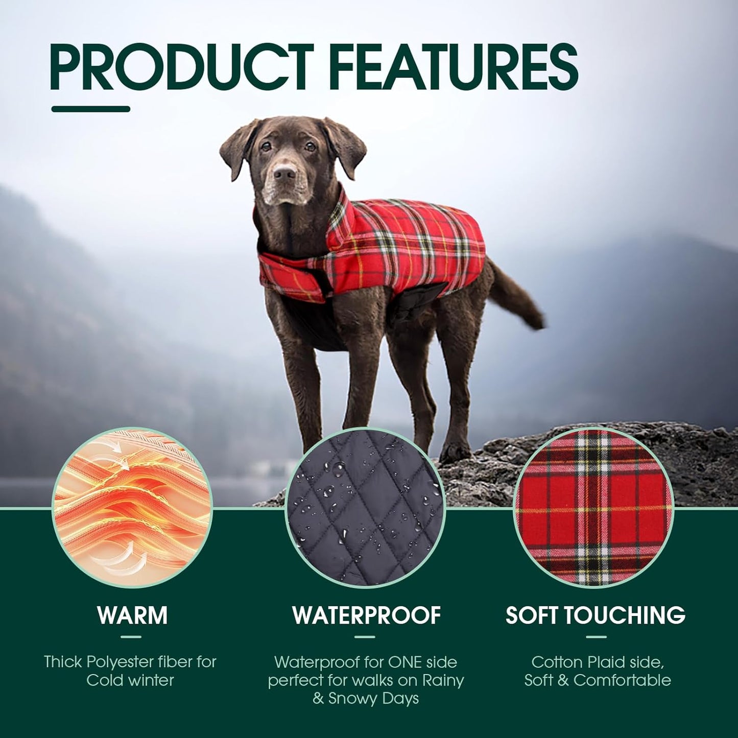 Kuoser Warm Dog Coat, Waterproof Dog Coats for X-Small Dogs, Adjustable Durable Doggie Winter Jacket Reversible Cozy Puppy Cold Weather Apparel from Small to Large Breed, Bright Red XS
