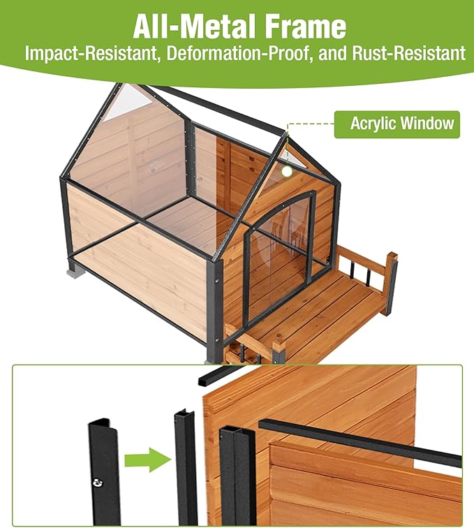 GUTINNEEN Dog House Outdoor Weatherproof with Porch, Puppy Shelter Indoor with Anti-Bite Design, PVC Curtain, Asphalt Roof, Elevated Waterproof Base, for Small to Medium Dogs - Brown
