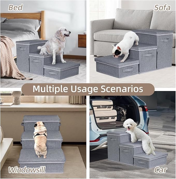 Pet Stairs with Storage, Pet Step for Small Dogs and Cats, 3-Step Folding Pet Steps with Zip, Cat Stairs Dog Steps for Bed, Couch and Car Ramp (Gray, 3 Steps no Condo)