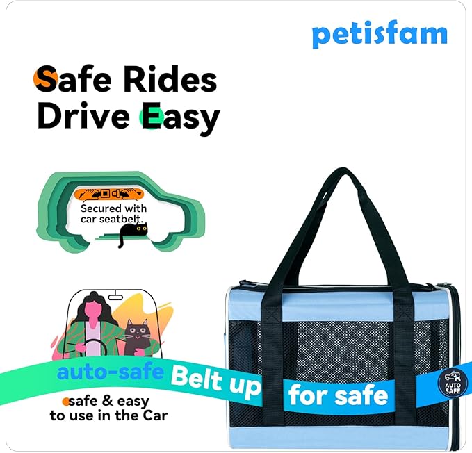 petisfam Soft Pet Carrier for Large and Medium Cats, 2 Kitties, Small Dogs. Easy to Get Cat in, Great for Cats That Don't Like Carriers (Blue)