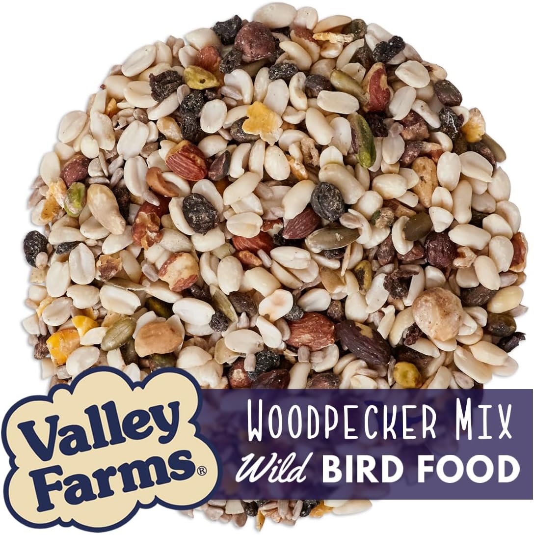 Valley Farms Woodpecker Mix (15 LB) Wild Bird Food for Outdoor Feeders, No Mess Bird Seed, W/Peanuts and Sunflower Hearts for Birds, Woodpecker Food, Attract All Bird Species