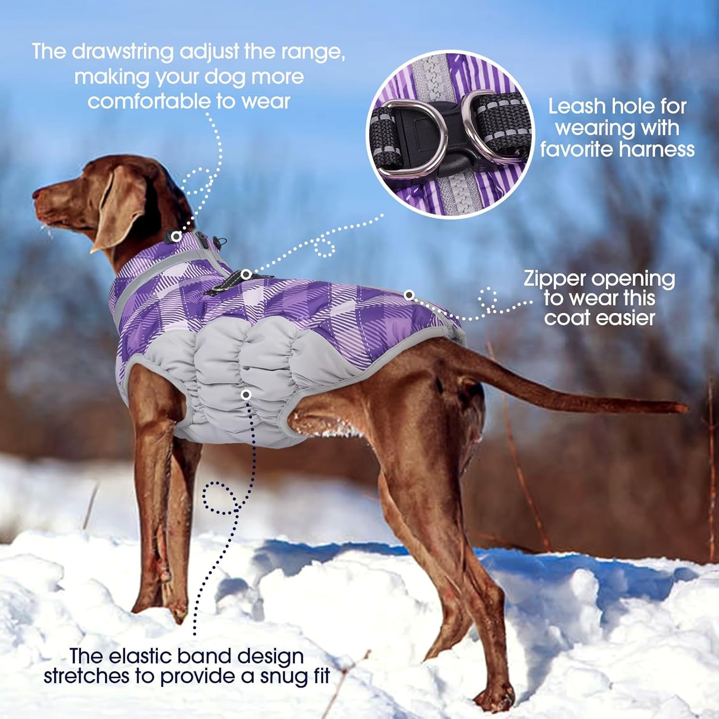 FUAMEY Dog Coat for Large Dogs,Waterproof Dog Winter Jacket with Harness Built in Puppy Cold Weather Coats Reflective Pet Vest with Zipper Warm Fleece Dogs Snowsuit Windproof Purple Plaid L