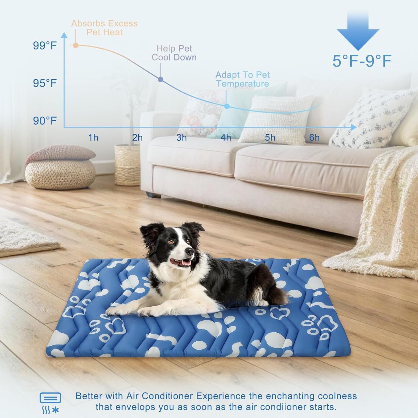 BEAUTYZOO Dog Cooling Mat- Upgraded Thicken Cooling Mat for Large Dogs Reversible(Cool & Warm) Pet Ice Cool Bed Washable & Portable, Summer Crate Pad for Big Dog Puppy Up to 100 lbs, Paw Blue 59X40IN