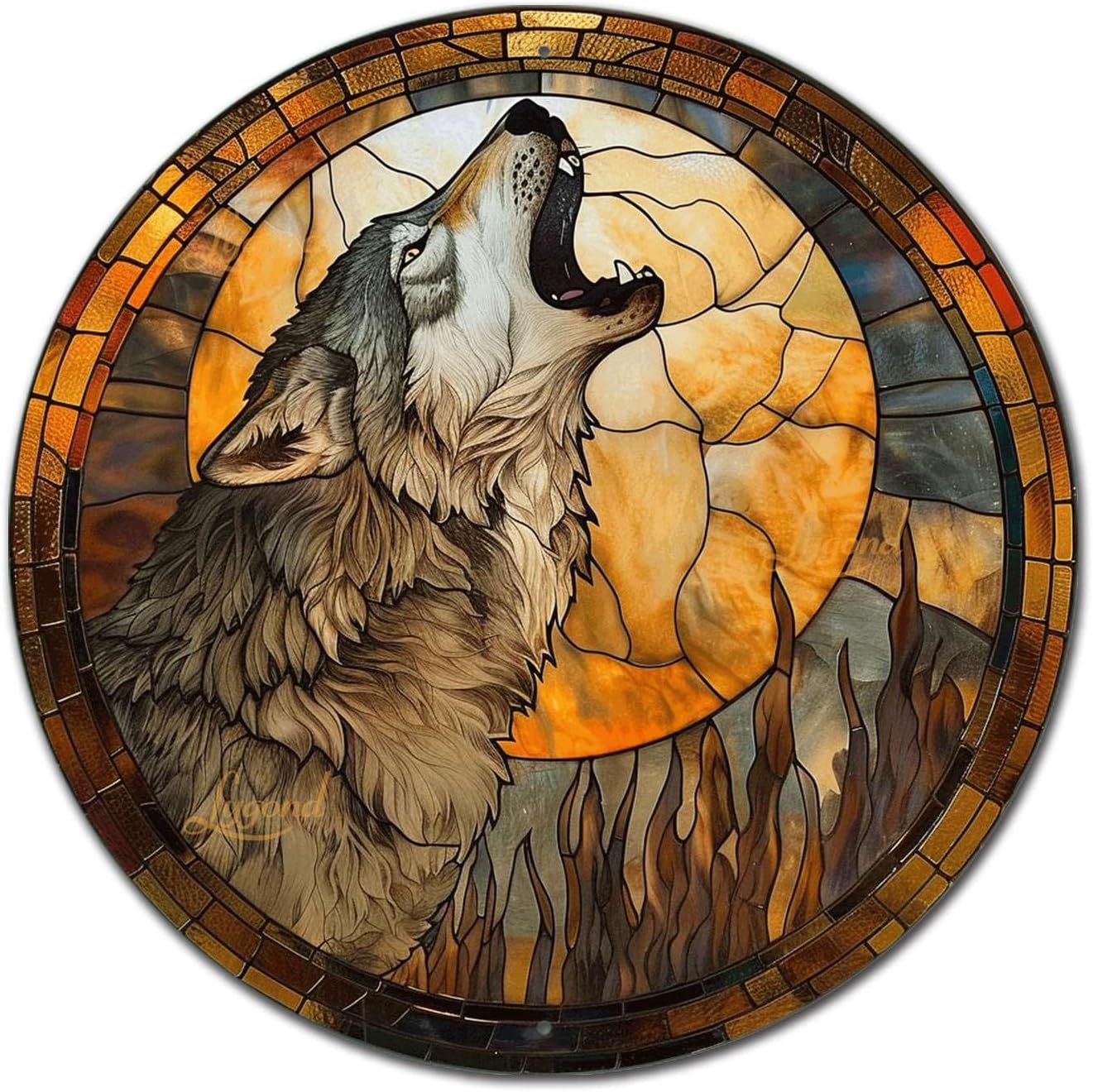 Lygond Metal Tin Sign - Circular Stained Glass Gray Wolf - 1212 Inches