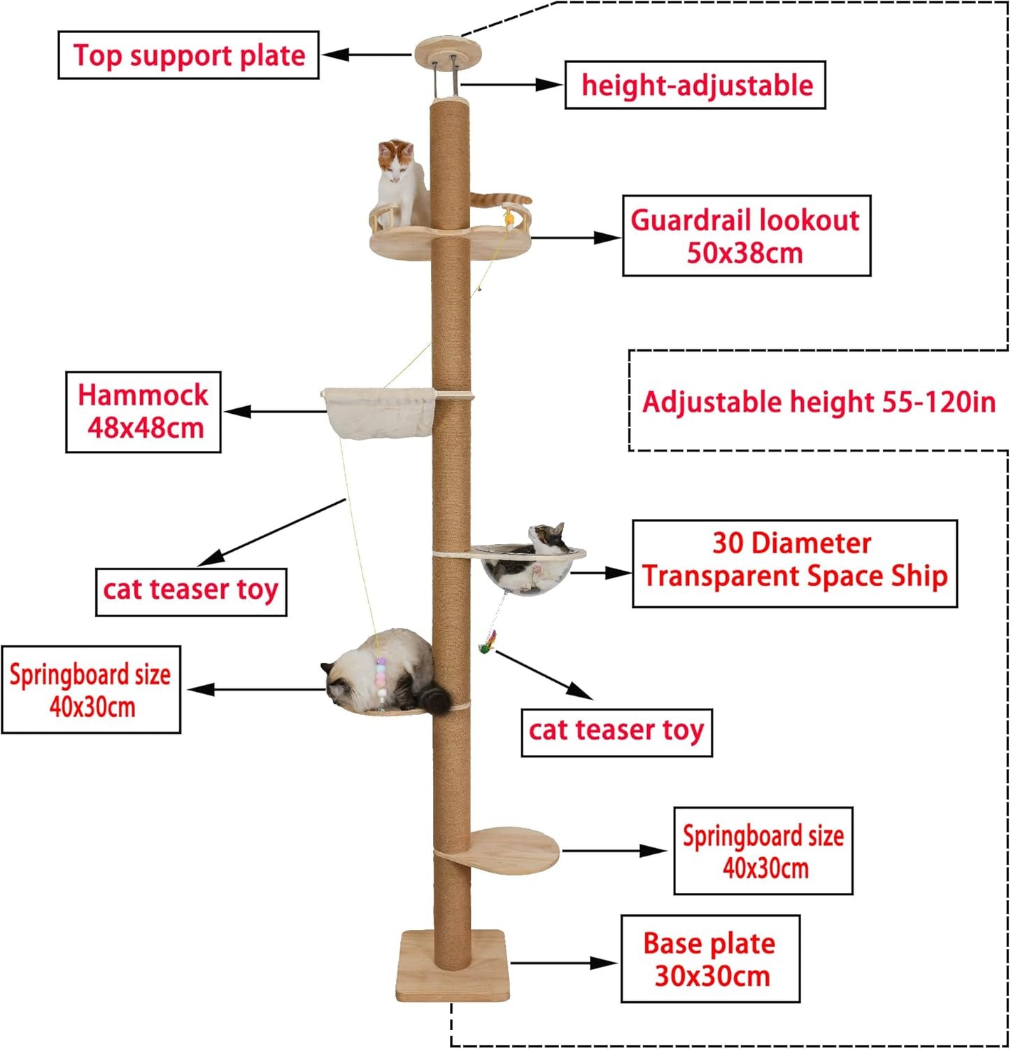 Floor to Ceiling Cat Tree Height (50-120 in) Adjustable Cat Tower 5 Tier Hemp Scratching Post High Cat Tree Sturdy Activity Tree Indoor Outdoor Cat Scratching Post Activity Center