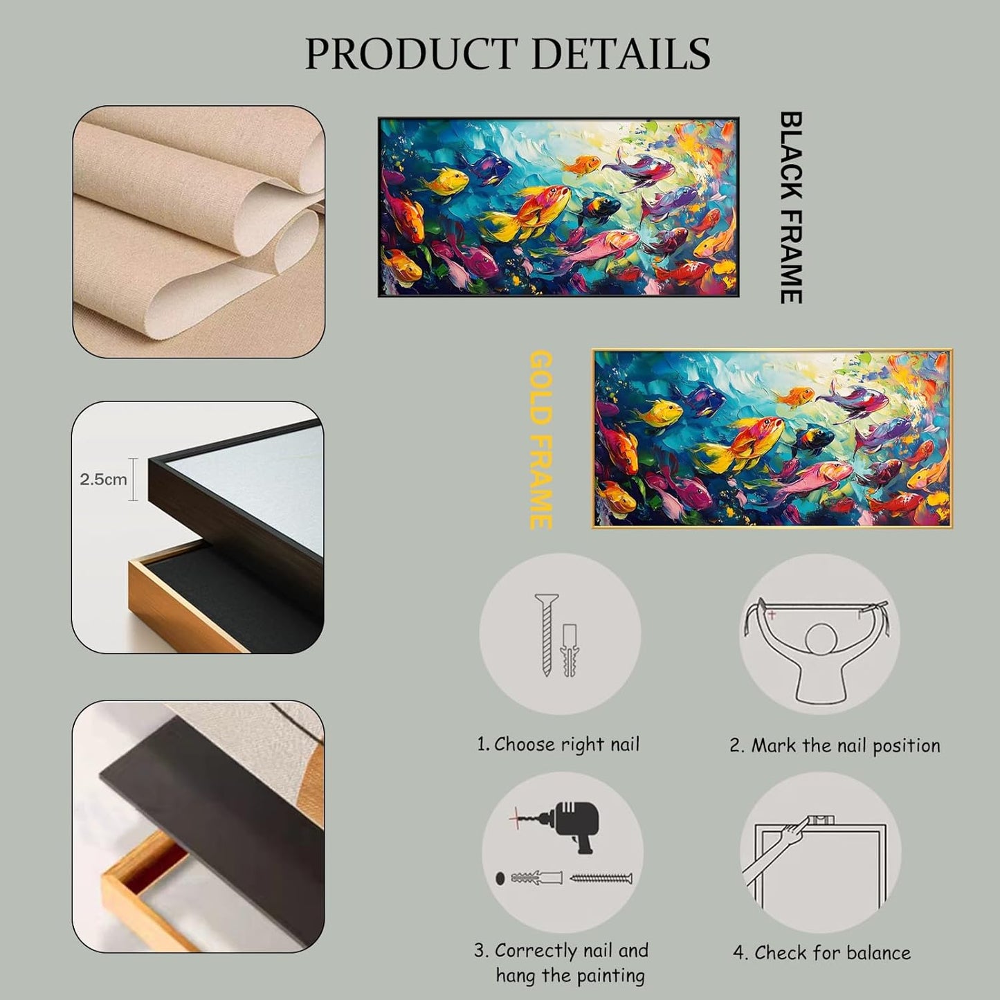 School of Fish Printed Canvas Wall Art – Framed Abstract Ocean Print – Vibrant Fish Wall Decor for Living Room, Bedroom, Office (Black Framed, 55"x27"|140x70cm)