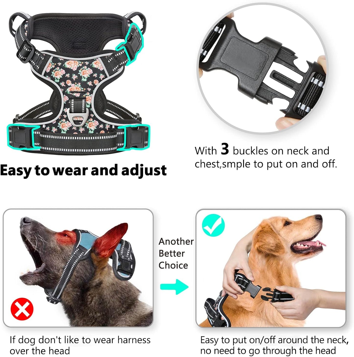 Timos Dog Harness, NO Need Go Over Dogs Head 3 Snap Buckles with 2 Leash Clips, Adjustable Soft Padded No-Pull Dog Harness, Reflective No-Choke Pet Oxford Vest for Small Medium Large Dogs