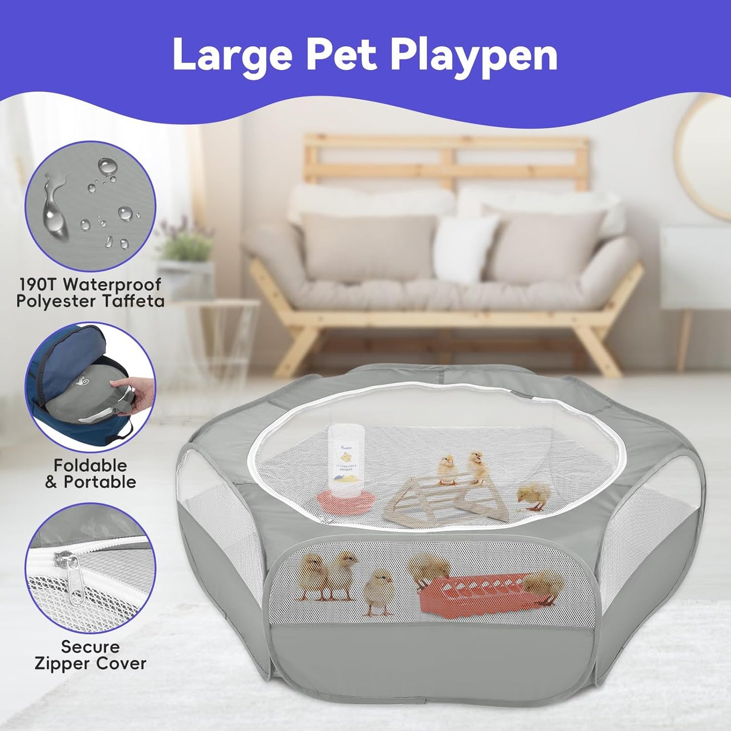 Pawaboo 5-in-1 Chicken Brooder Box for Chick Starter Kit, Includes Pet Cage Tent, Chicks Perch, Chicks Feeder, 1.1L Chick Waterer, Baby Chicken Supplies (Brooder Set), Gray