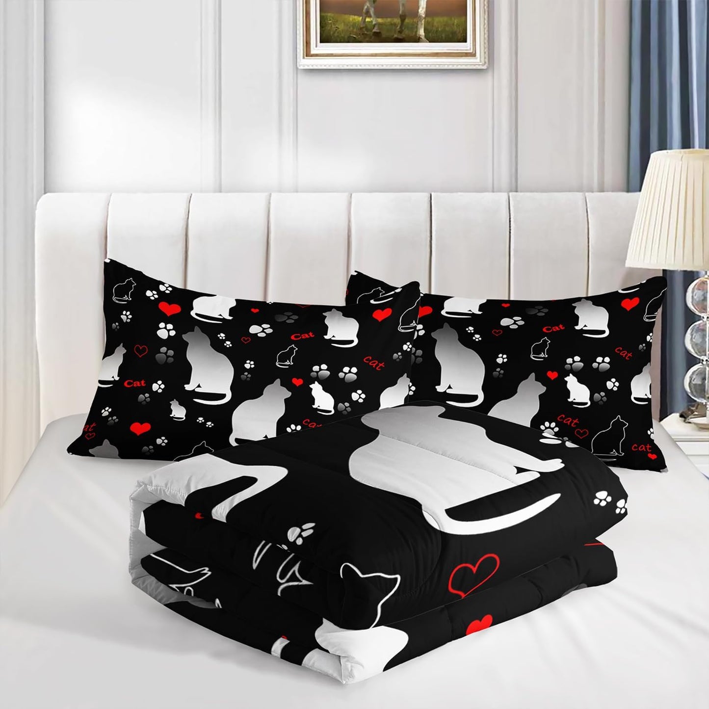 Kawaii Cat Animal Themed Comforter Set 3Pcs Twin Black White Pet Cat Bedding Set for Kid Teen Girl Boy Adult Room Decor Cartoon Cat Paw Heart Pattern Quilt with 1 Comforter and 2 Pillowcases