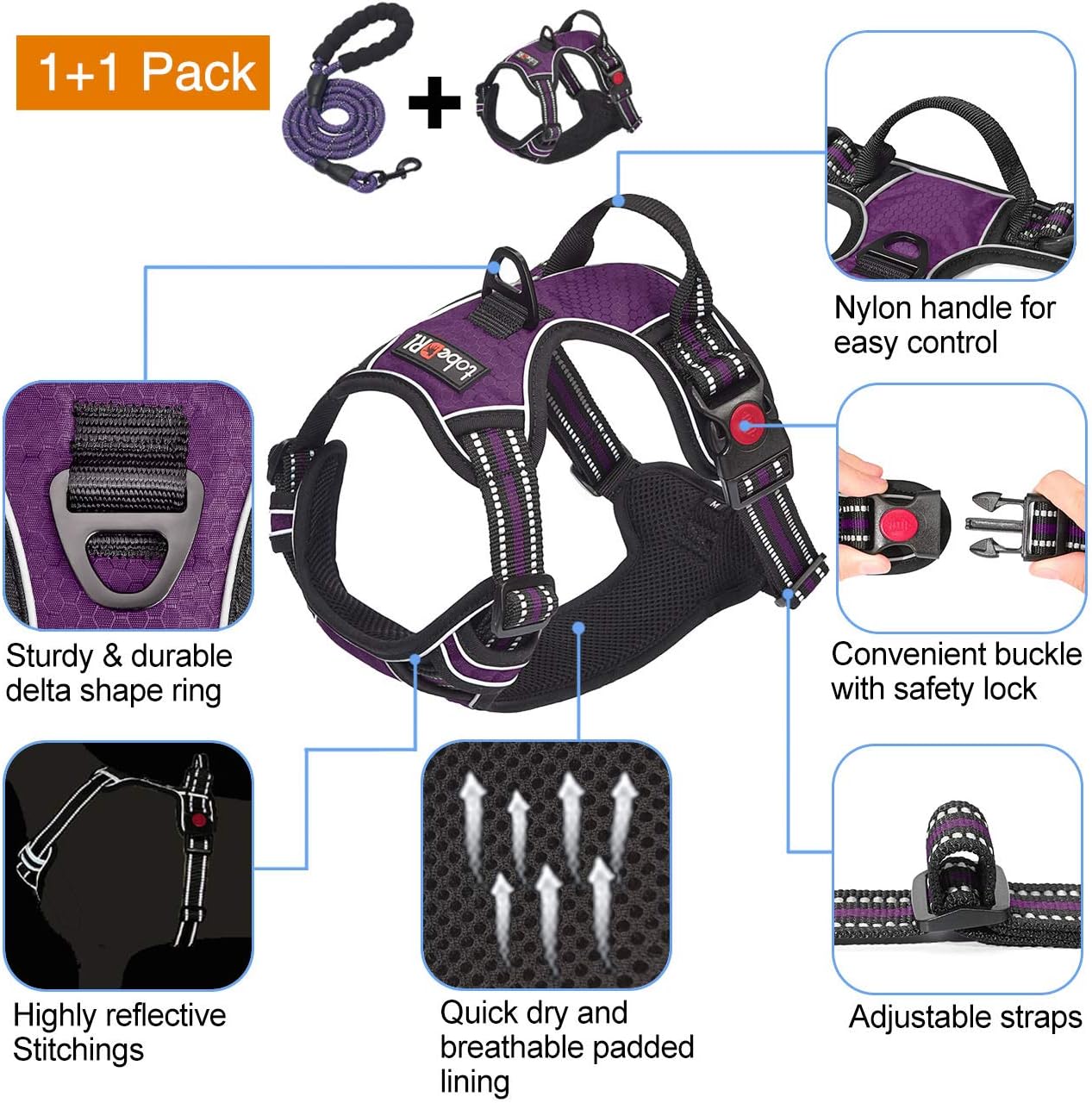 No Pull Dog Harness Adjustable Reflective Oxford Easy Control Medium Large Harness with A Free Heavy Duty 5ft Leash (L (Neck: 18"-25.5", Chest: 24.5"-33"), Purple)