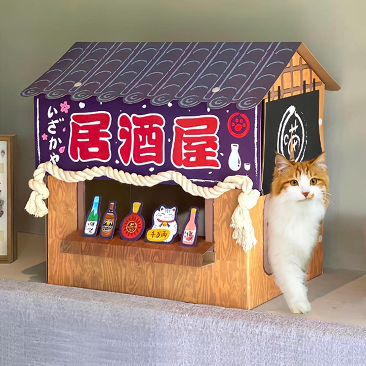 Cat Beds for Indoor Cats, Cardboard Cat House with Scratchers, Izakaya Bar, Large Sturdy Cat Furniture Condo Cave Tent, Easy to Assemble Pet Toys Accessories Stuffs, Bunny Small Animals