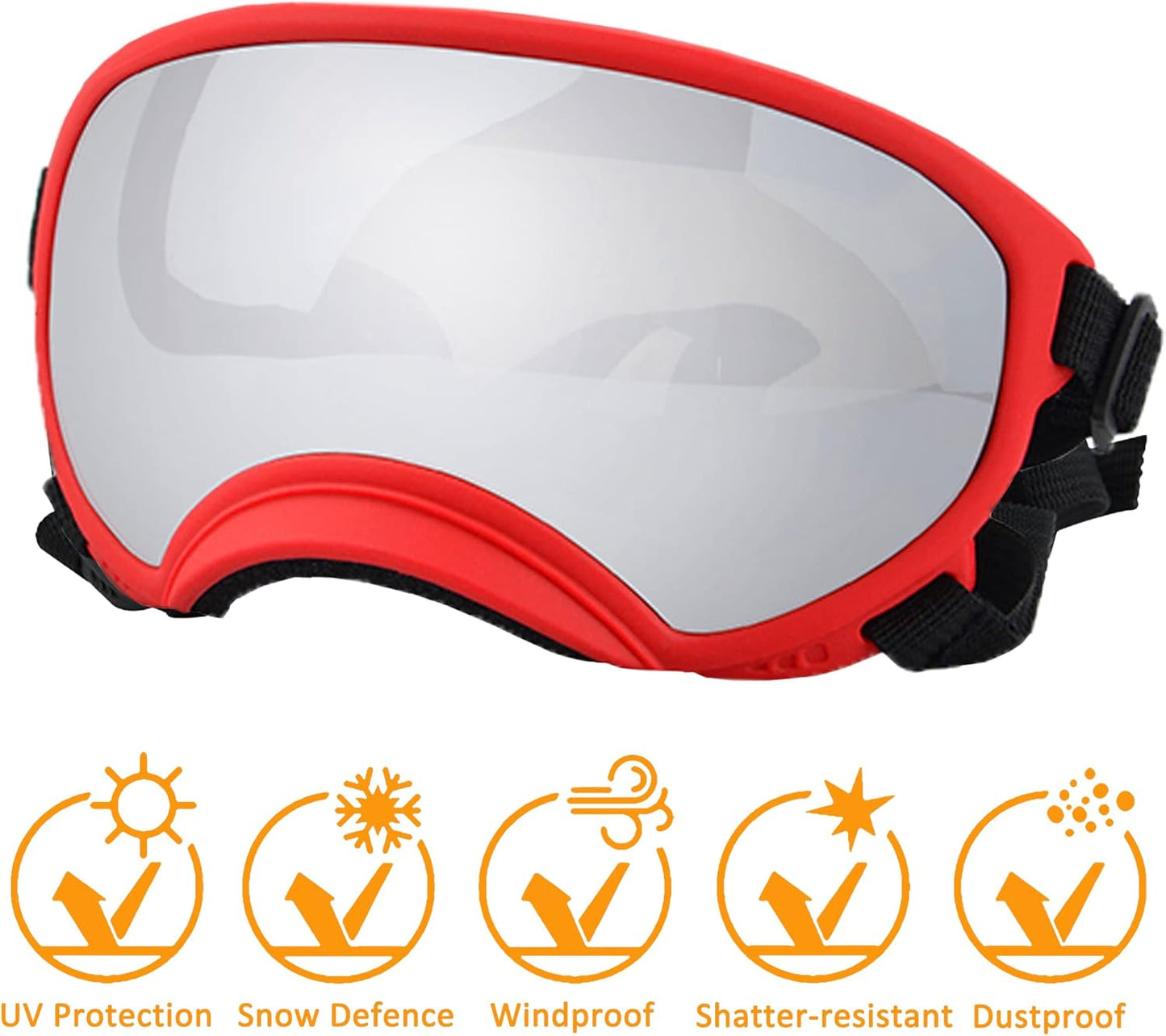 Large Dog Sunglasses with Adjustable Strap UV Protection, Winproof Puppy Sunglasses, Suitable for Medium-Large Pet Glasses, Dogs Eyes Soft Goggles, Red Silver