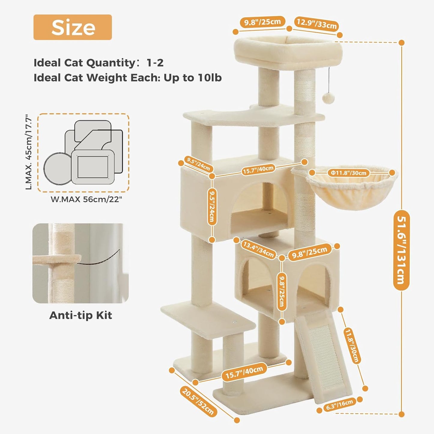 PAWZ Road Cat Tree, 51.6 Inches Cat Tower with Dual Condos, Spacious Perch, Cozy Basket and Sisal-Covered Scratching Posts for Indoor Cats- Beige