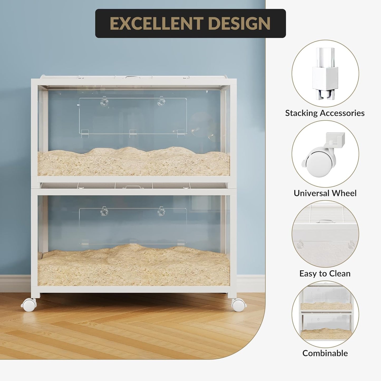 Large Metal Hamster Enclosure Rat Cage with 360 Viewing Acrylic Sides, Ventilated Front Door & Openable Top, Portable Hamster Tank for Guinea Pig, Chinchilla, Gerbil, 37.8''Lx18.5''Wx20''H White