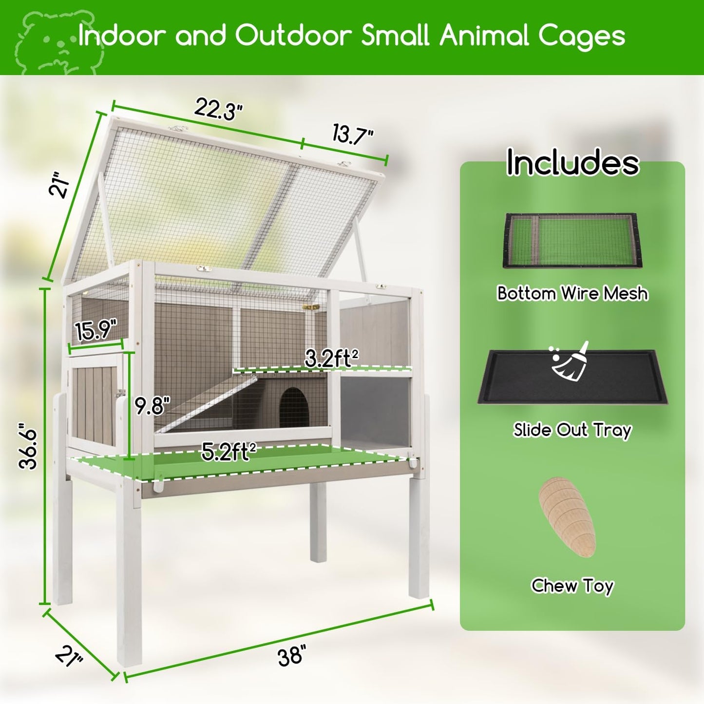 Guinea Pig Cages Hamster Cage Indoor with Stand, Chew Proof Rabbit Cages Habitat for Small Animals with Pull Out Tray, Detachable Legs, Large Guinea Pig House with Ramp, Hideout