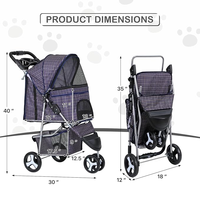 MoNiBloom 3 Wheels Pet Dog Cat Stroller for Small Medium Dogs Cats, Lightweight Foldable Jogger Stroller w/Storage Basket and Cup Holder, Plaid