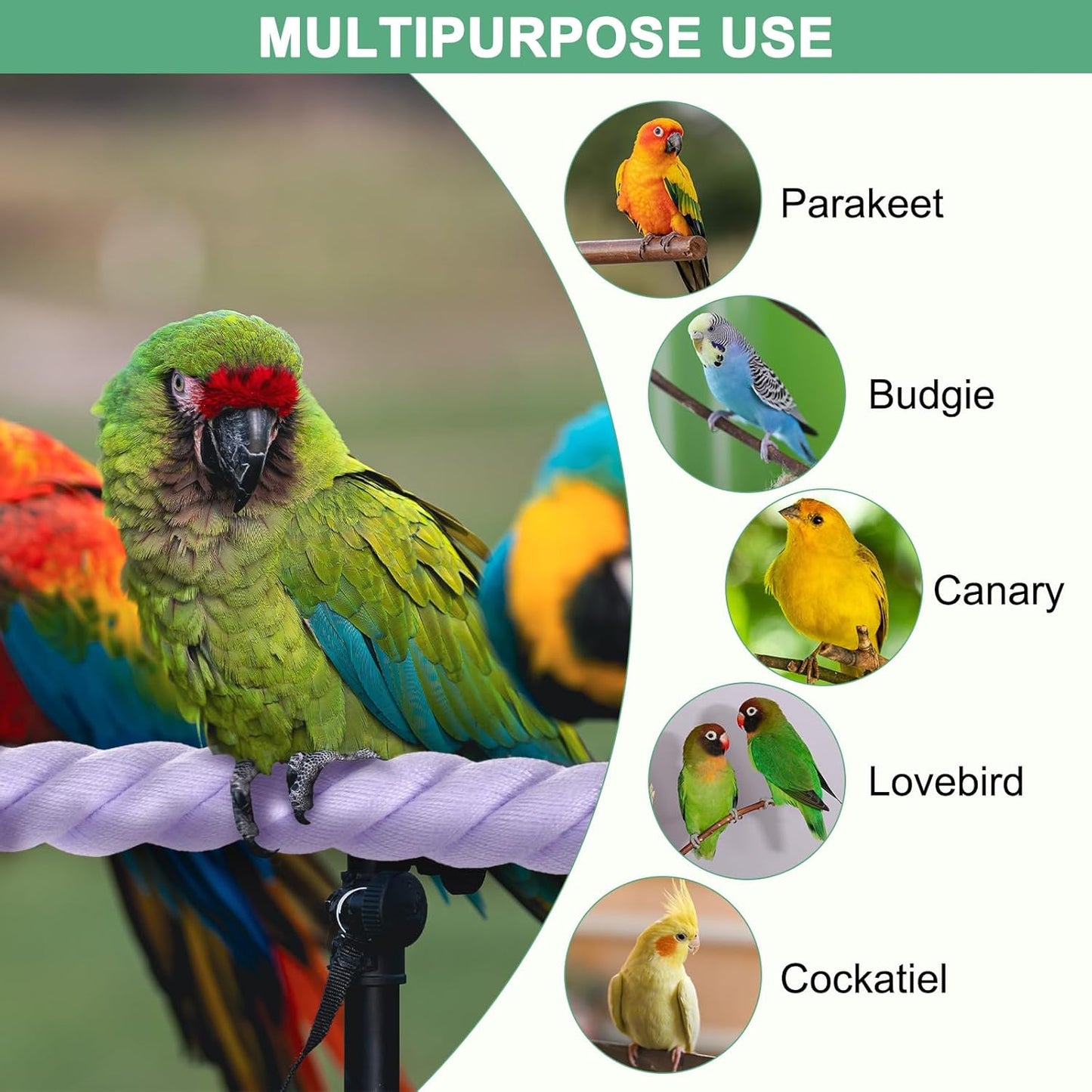 1-Pack Rope Perches for Bird Cages, 31.5 in Length Comfort Grip Flexible Rope Perch Beak & Paw Grinding for Parrots/Cockatiels/Parakeets, Bird Platform Sand [Purple]