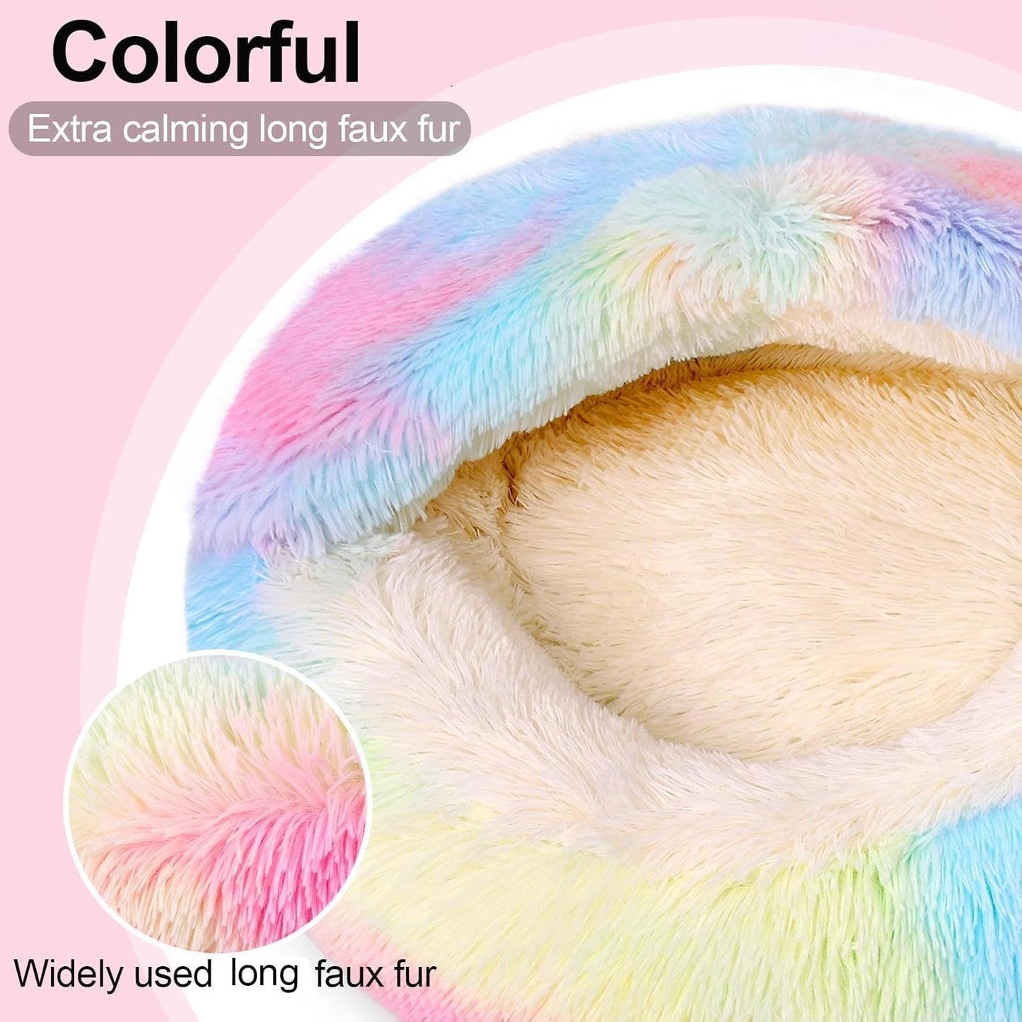 Calming Dog Beds & Cat Cave Bed with Hooded Cover,Removable Washable Round Beds for Small Medium Pets,Anti-Slip Faux Fur Fluffy Coved Bed for Improved Sleep,Fits up to 15/25 lbs(Colorful,S)