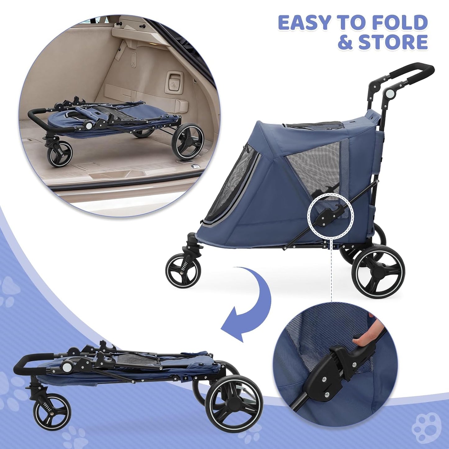 Magshion Pet Stroller for Medium Dogs w/Adjustable Handle, 3-Wheel Dog Cat Wagon w/Dual Entry, Rear Storage, Breathable Mesh, One-Foot Brake, Ideal for Large Pets up to 55 lbs, Navy Blue