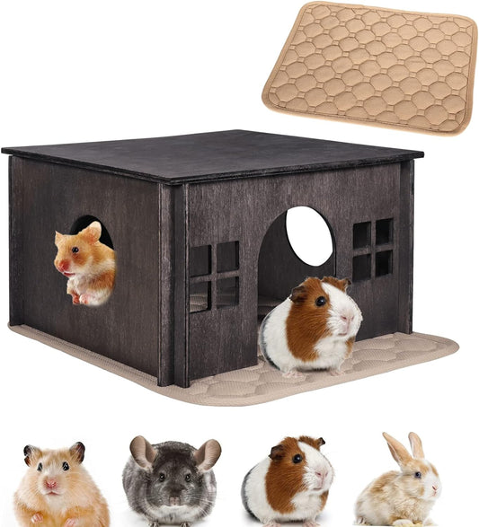Wooden Guinea Pig House with Windows,Hamster Hideout, Large Size Suitable for Two Guinea Pig Hideout, Ventilated Wood Habitats Decor for Chinchilla, Hamster Mice Gerbils Mouse