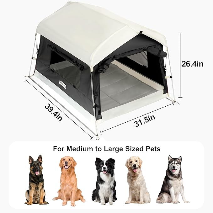 Dog Tent Cotton Fabric, Aluminum Poles and Camping Mat, Outdoor Weatherproof, Dog House Outdoor, Breathable with 2 Side Windows, Portable and Collapsible (Black, Large)