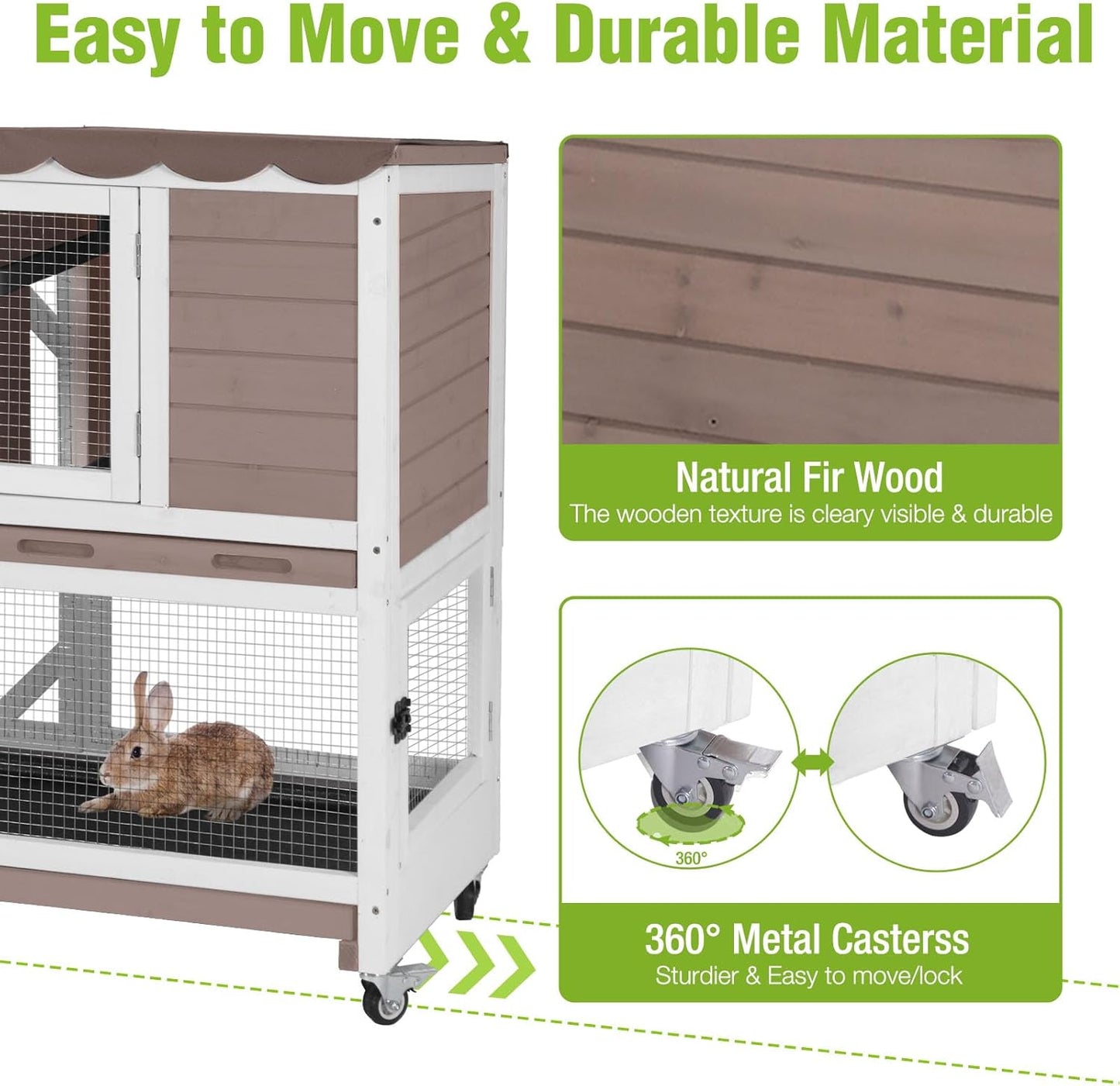 Wooden Rabbit Hutch with Two Story, Bunny Cage with Leak-Proof Trays, and Chew-Proof Ramp, Guinea Pig Cage with Wheels, Suitable for Indoor/Outdoor Use (Brown)