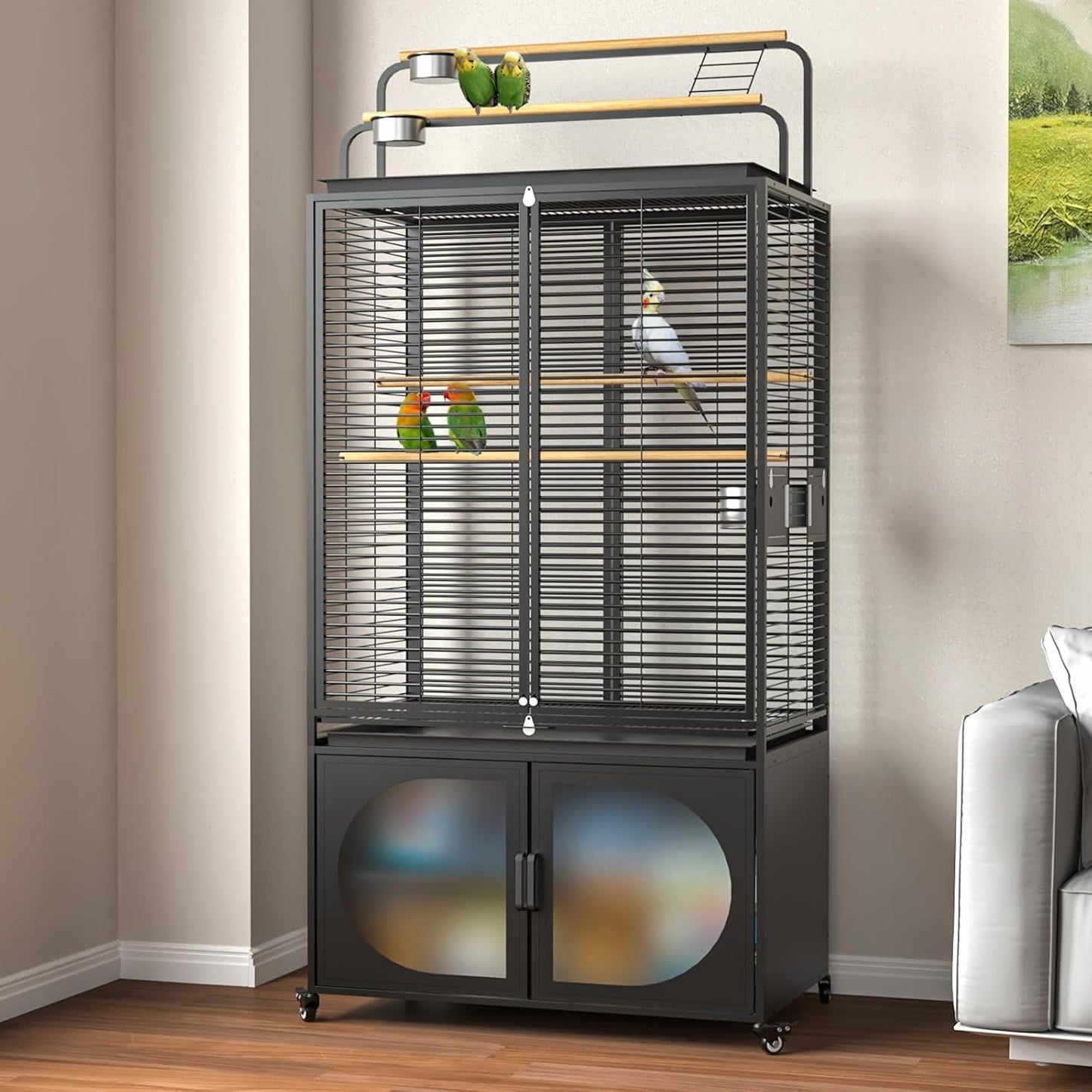 GDLF 72-Inch Bird Cage with Play Top, Parakeet Cage with Rolling Storage Cabinet Extra Large with Cover for Parrot, Cockatiel, Budgie, Parrotlet, Green Cheek Conure