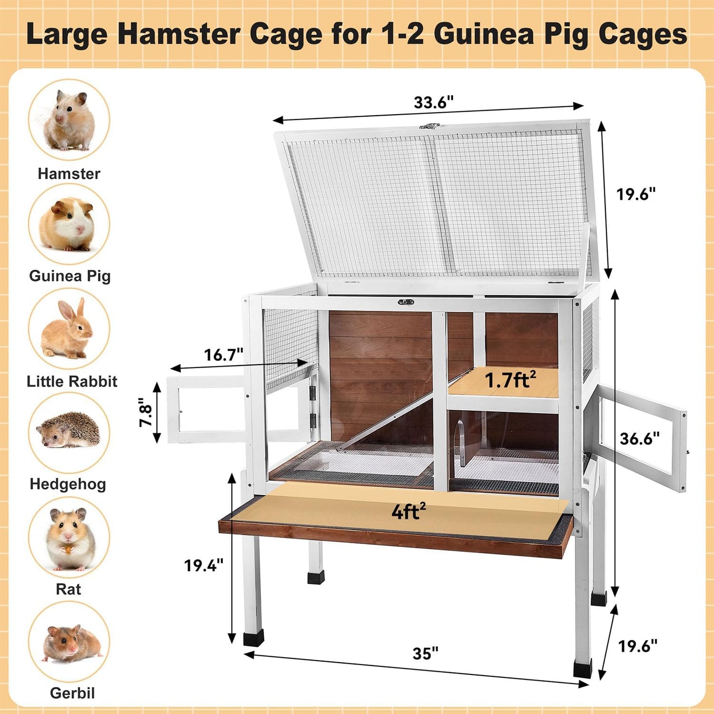 2-Story Guinea Pig Cage with Stand, Indoor Wooden Hamster Cage with Ramp, Pull-Out Tray, Hideout & Platform, Acrylic Transparent Small Animal Habitat for Chinchillas, Ferrets, Hedgehogs, Walnut